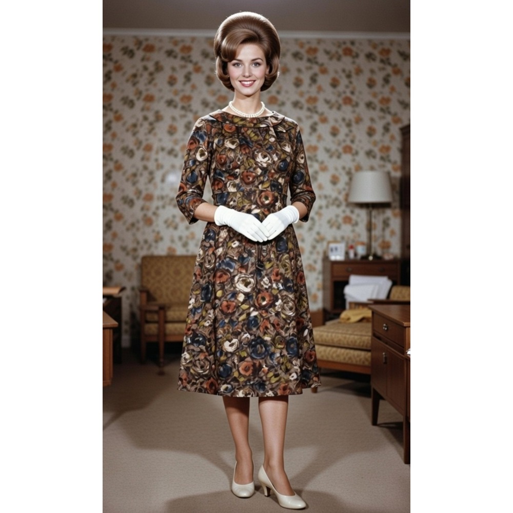 Vtg 60s Dress Sz 10 / 12 A- Line Floral Brown Jackie Onassis Style Rockabilly